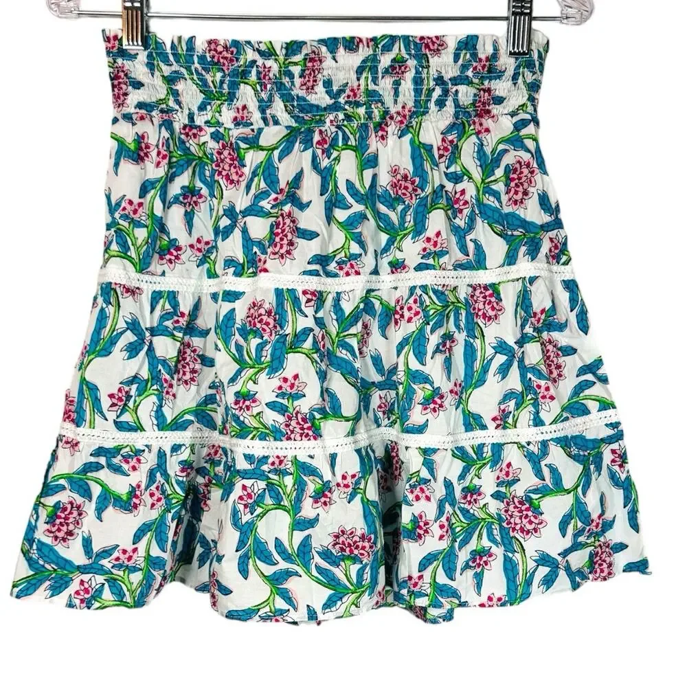 J Crew Ditsy Floral Motif Paisley Print Cotton Tiered Lace Trim Skirt XS Lined